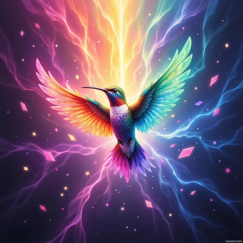 A vibrant hummingbird with iridescent feathers is surrounded by colorful, electric-like energy and confetti.