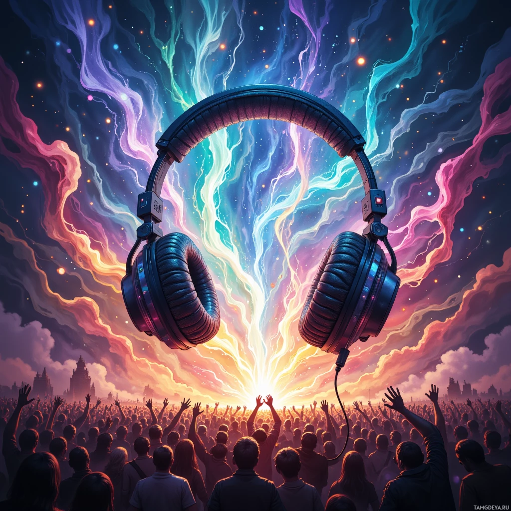 A vibrant illustration of a crowd with raised hands, set against a cosmic sky with glowing headphones and electric energy.