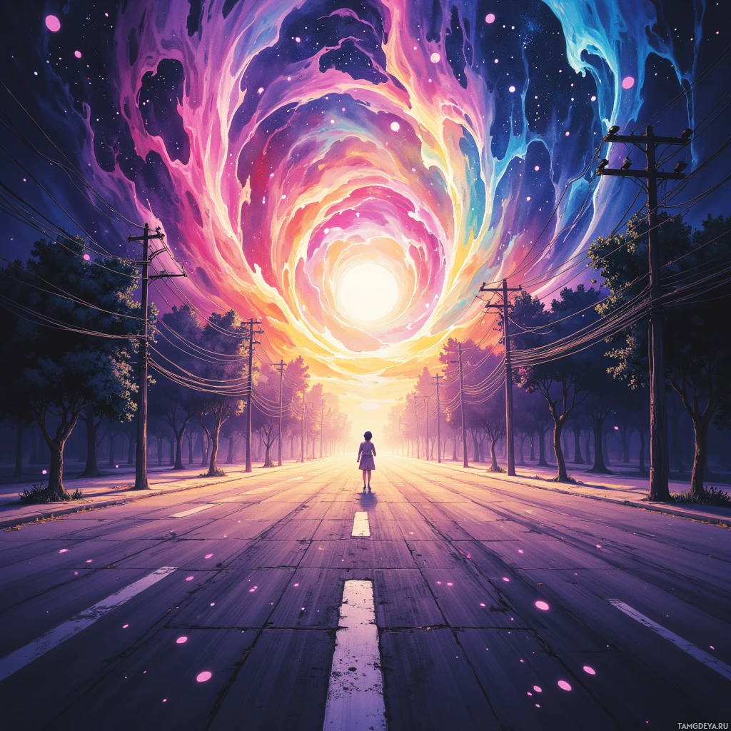 A person walks down an empty road under a vibrant, cosmic sky with swirling colors and glowing particles.