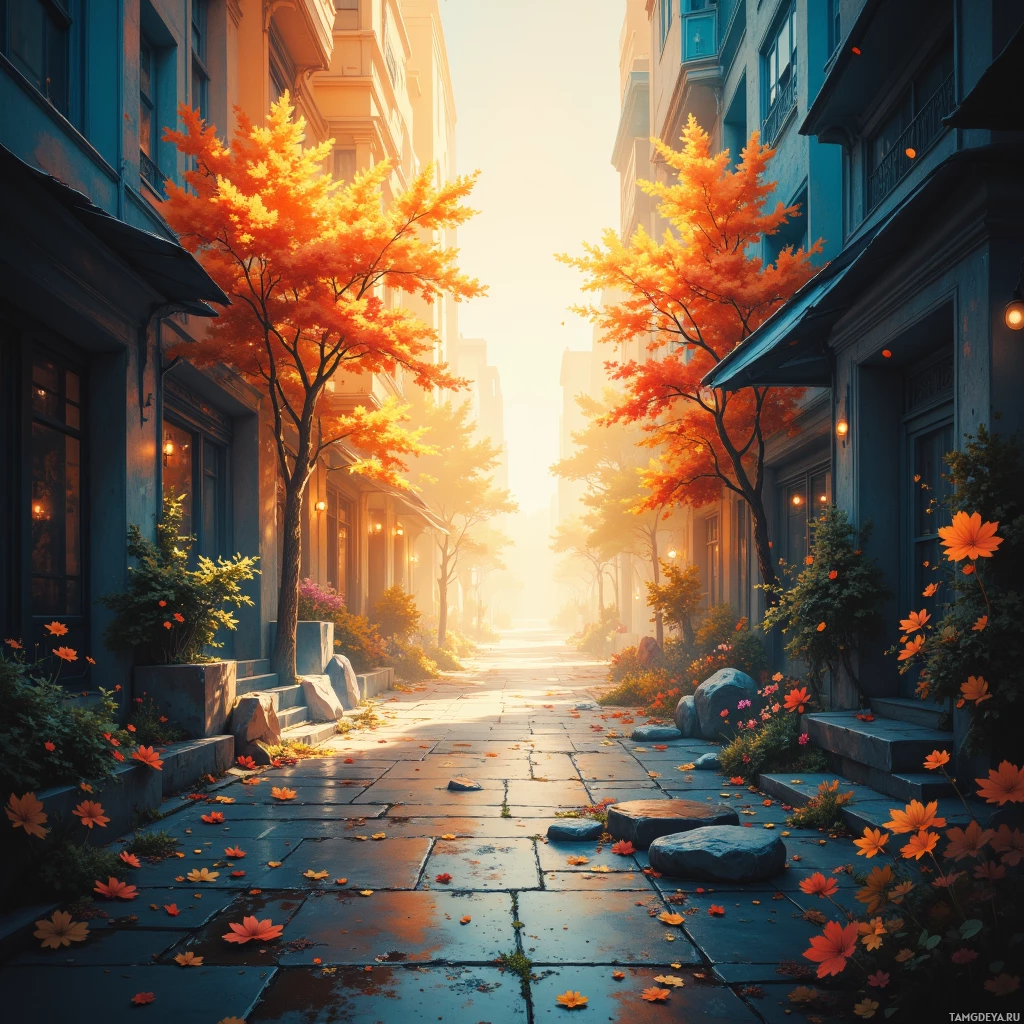 A serene autumnal street lined with colorful trees and flowers, bathed in soft sunlight.