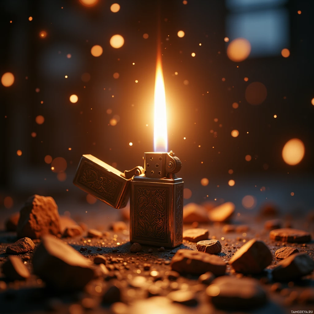A lit lighter with a bright flame surrounded by glowing particles and scattered rocks.