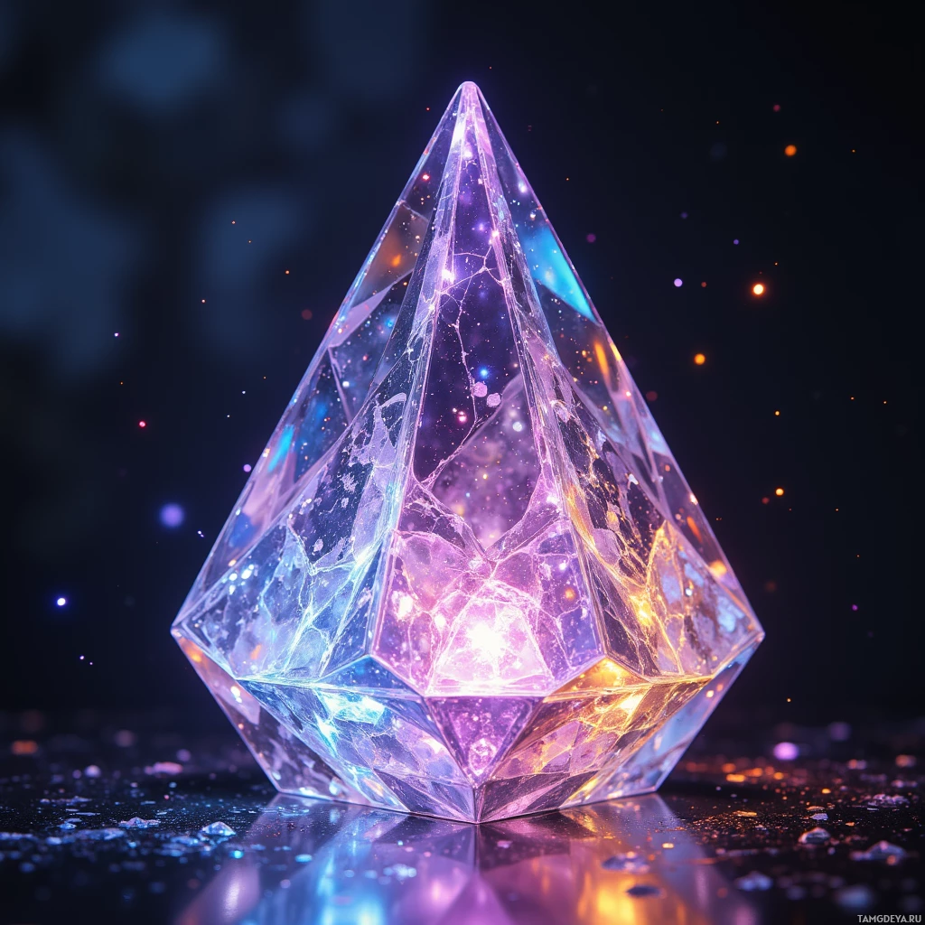 A glowing, faceted crystal pyramid with a reflective base and a dark, starry background.