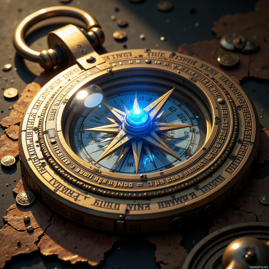 A detailed compass with glowing elements sits atop a map background.