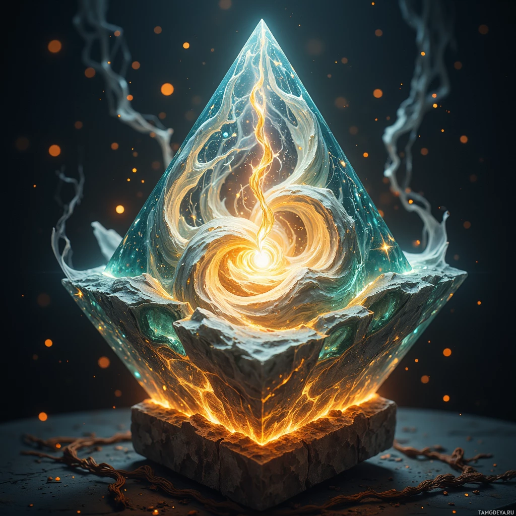 A glowing, swirling vortex within a pyramid-shaped structure emitting light and energy.