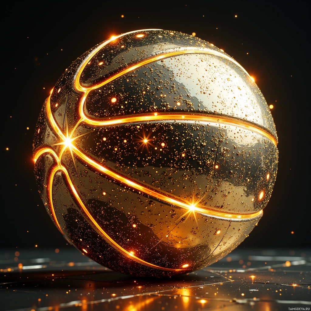A glowing, reflective golden sphere with intricate lines and sparkling particles.