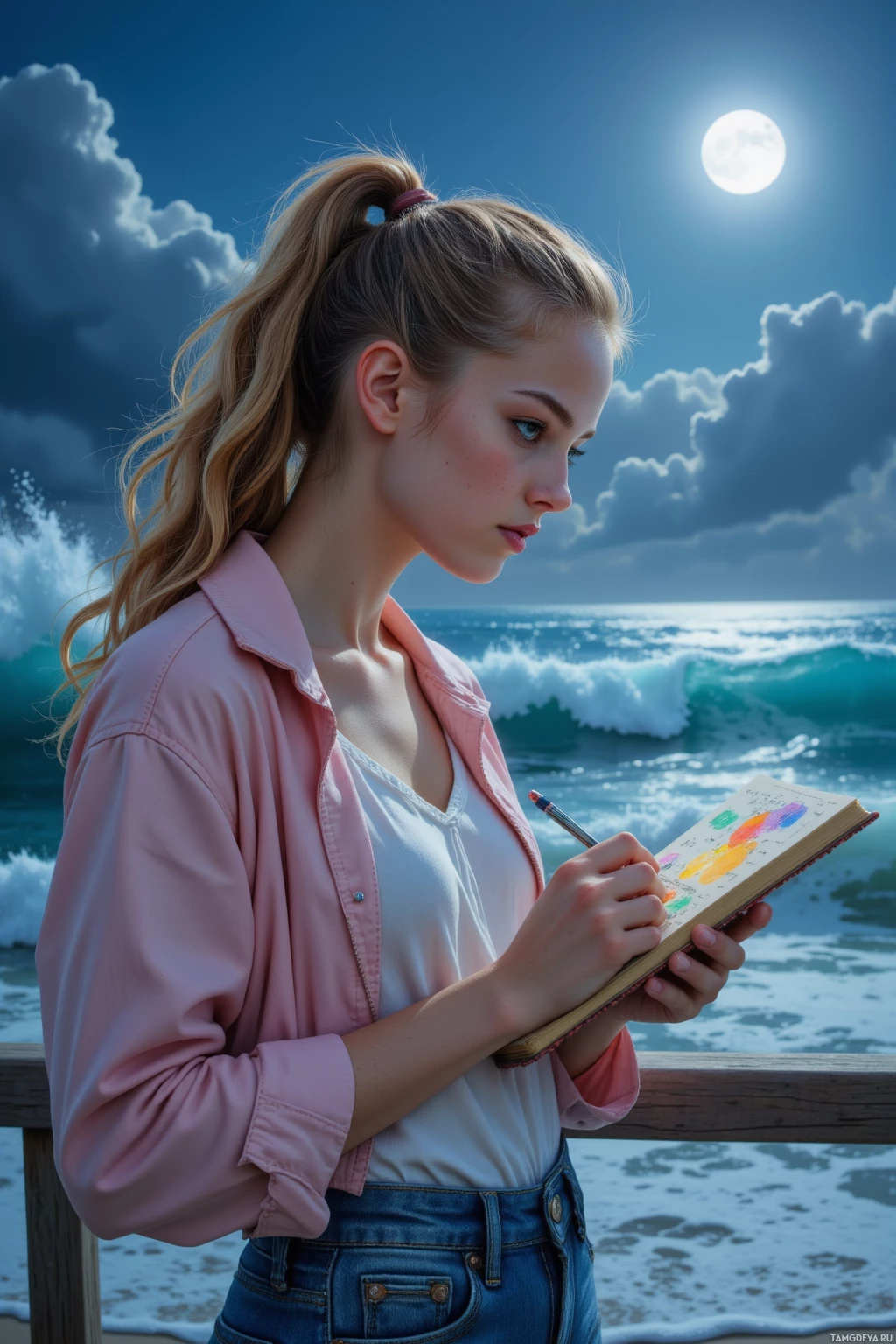 A young woman stands by the ocean, writing in a notebook under a bright moonlit sky.