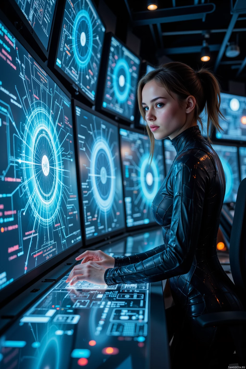 A person in a black outfit interacts with a futuristic control panel in a dimly lit room.