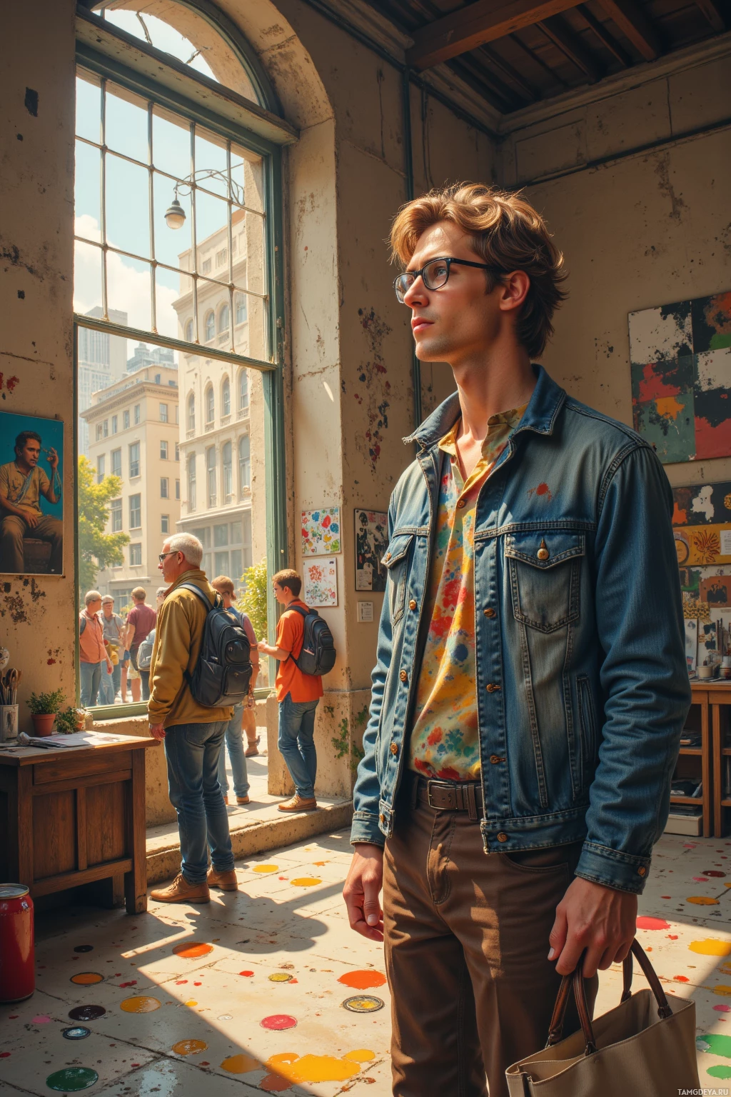 A man stands in an art gallery with colorful paint splatters on the floor and walls, wearing a denim jacket over a floral shirt and brown pants.