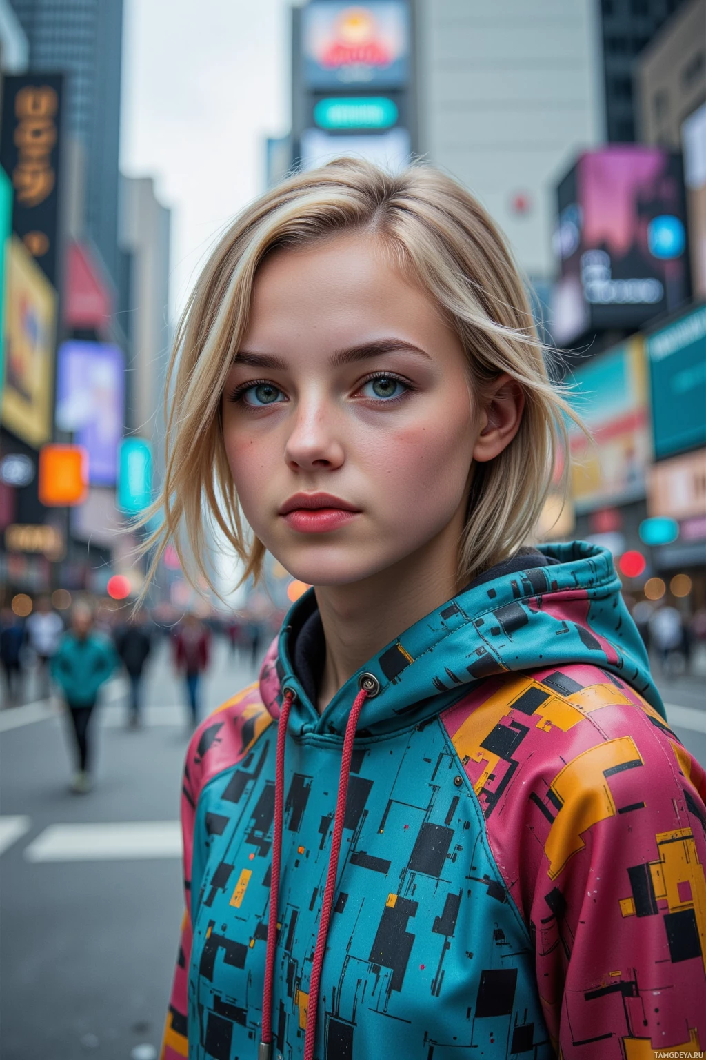 A person wearing a colorful hoodie stands in an urban setting with bright billboards and pedestrians in the background.