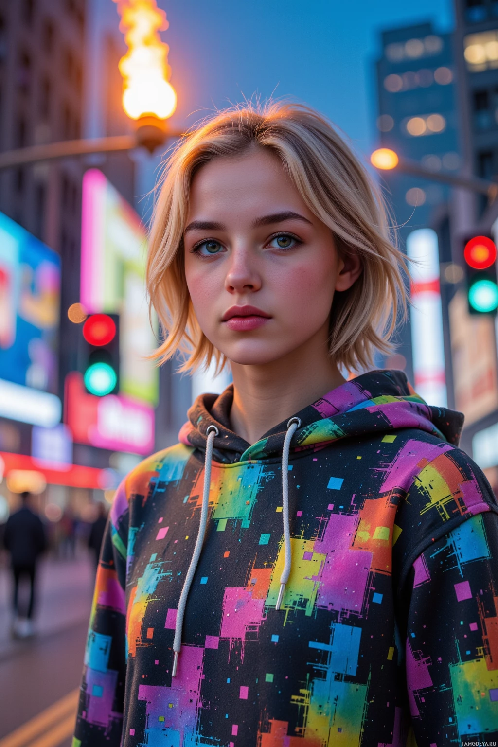 A person wearing a colorful hoodie stands in a vibrant urban setting with neon lights and traffic signals.