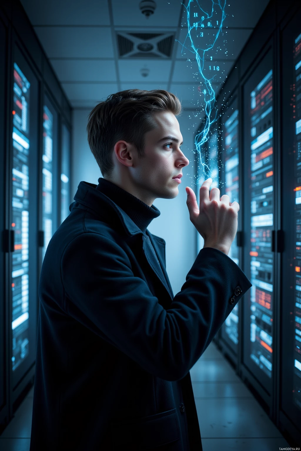A person in a server room interacts with holographic data.