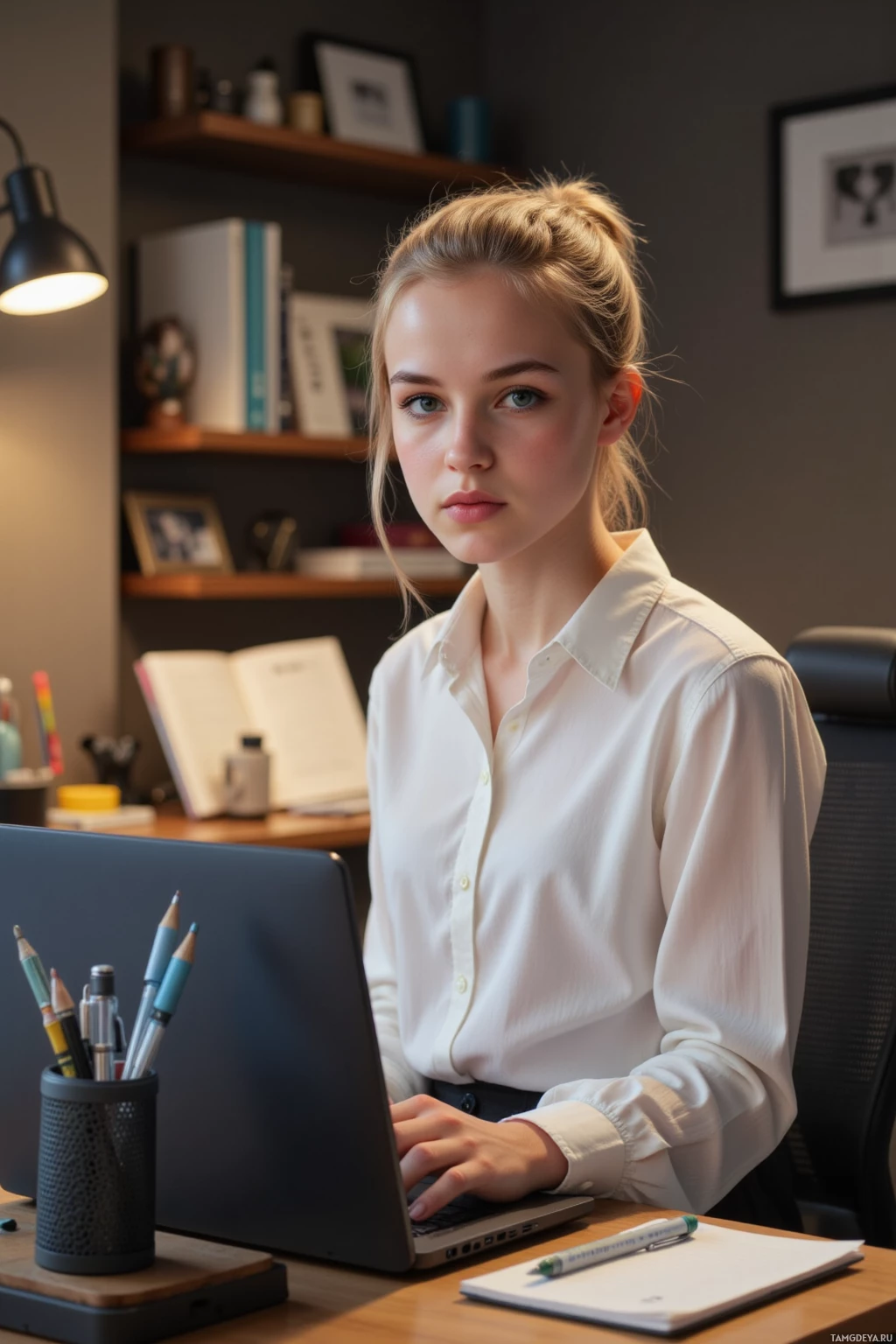 A person in a white shirt is sitting at a desk with a laptop and various stationery items around them.