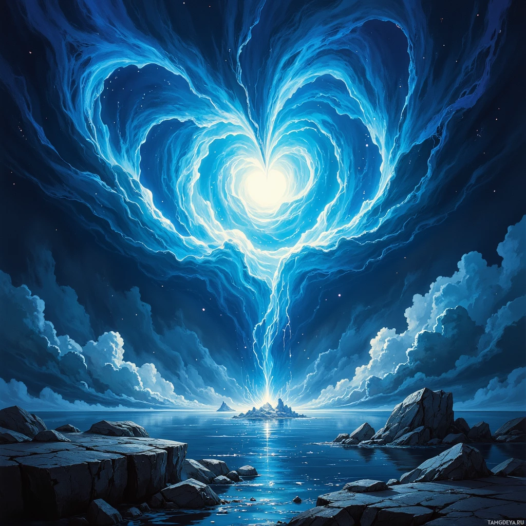 A heart-shaped light in the sky illuminates a serene coastal scene with rocky formations and calm waters below.