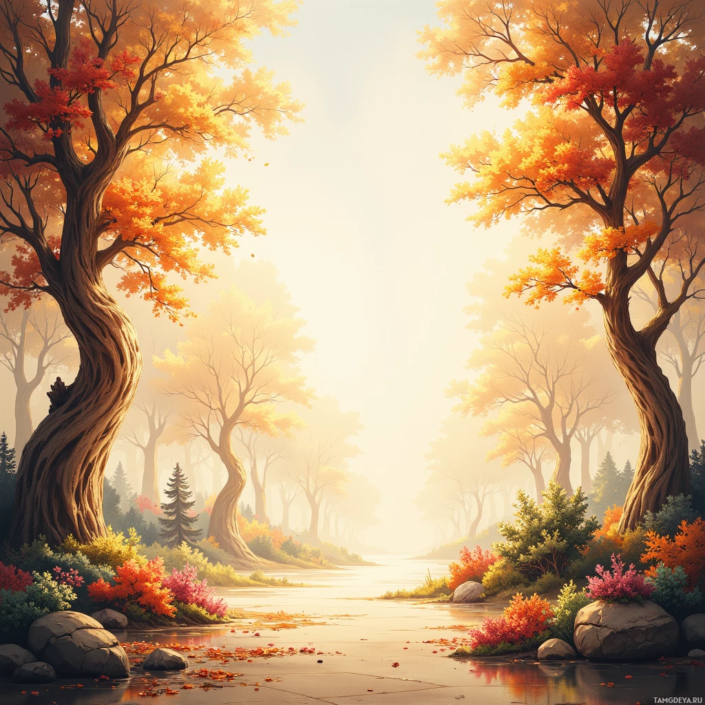 A serene autumn landscape with colorful trees and a reflective water surface.