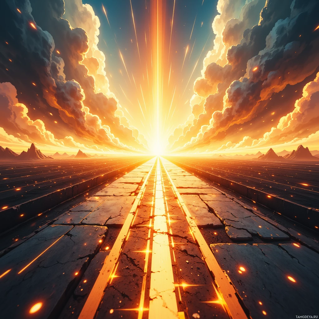 A vibrant sunset scene with a glowing horizon, radiant beams of light, and a cracked stone pathway leading into the distance.