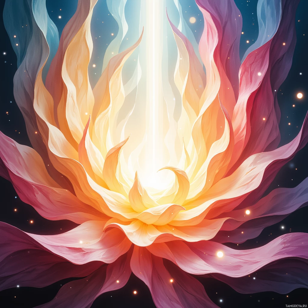 A vibrant, abstract image featuring flowing, colorful patterns with a bright light at the center.