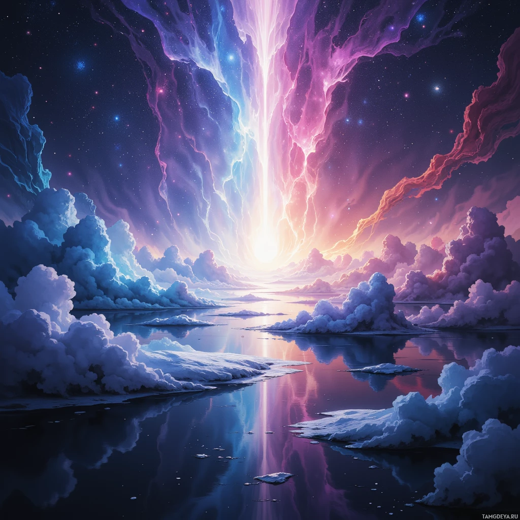 A vibrant cosmic scene with colorful clouds and a bright light source reflecting on water below.
