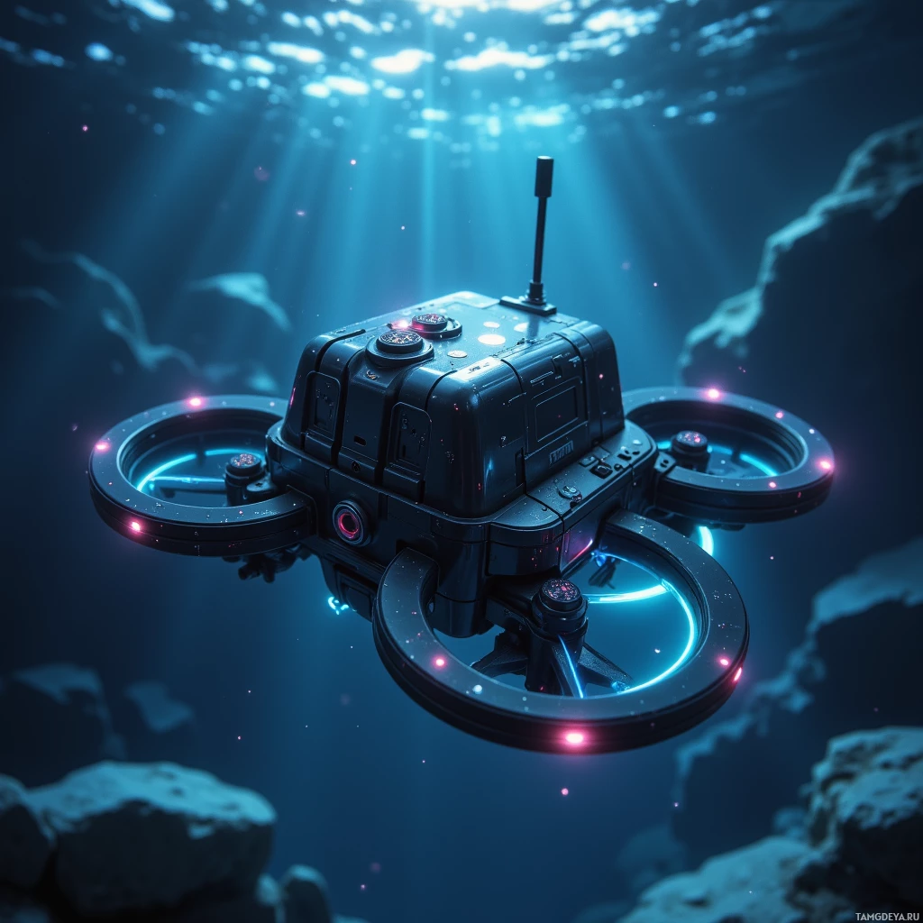 A futuristic underwater drone with glowing lights and a central antenna is depicted in a deep blue aquatic environment.