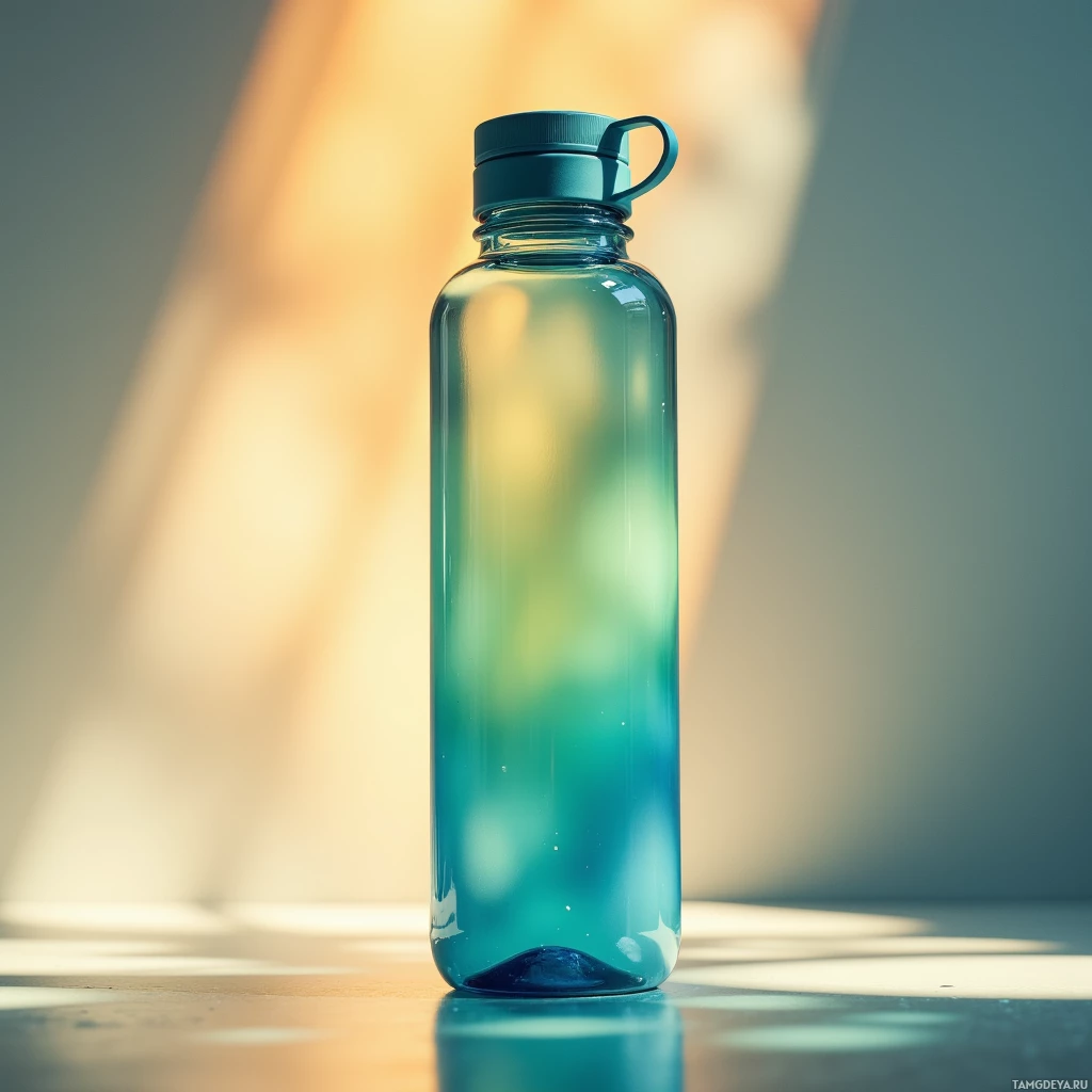 Semi-abstract image with many light, that is suitable for the post:  Sleek slender glass hydration bottle, transparent body glowing softly in shifting blue to green hues with subtle orange undertones, ergonomic cap, minimalist design.