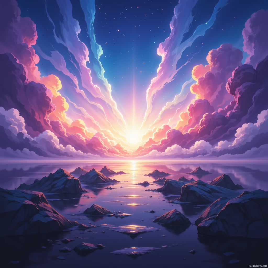 A vibrant sunset over a serene body of water with rocky outcrops and dramatic clouds.