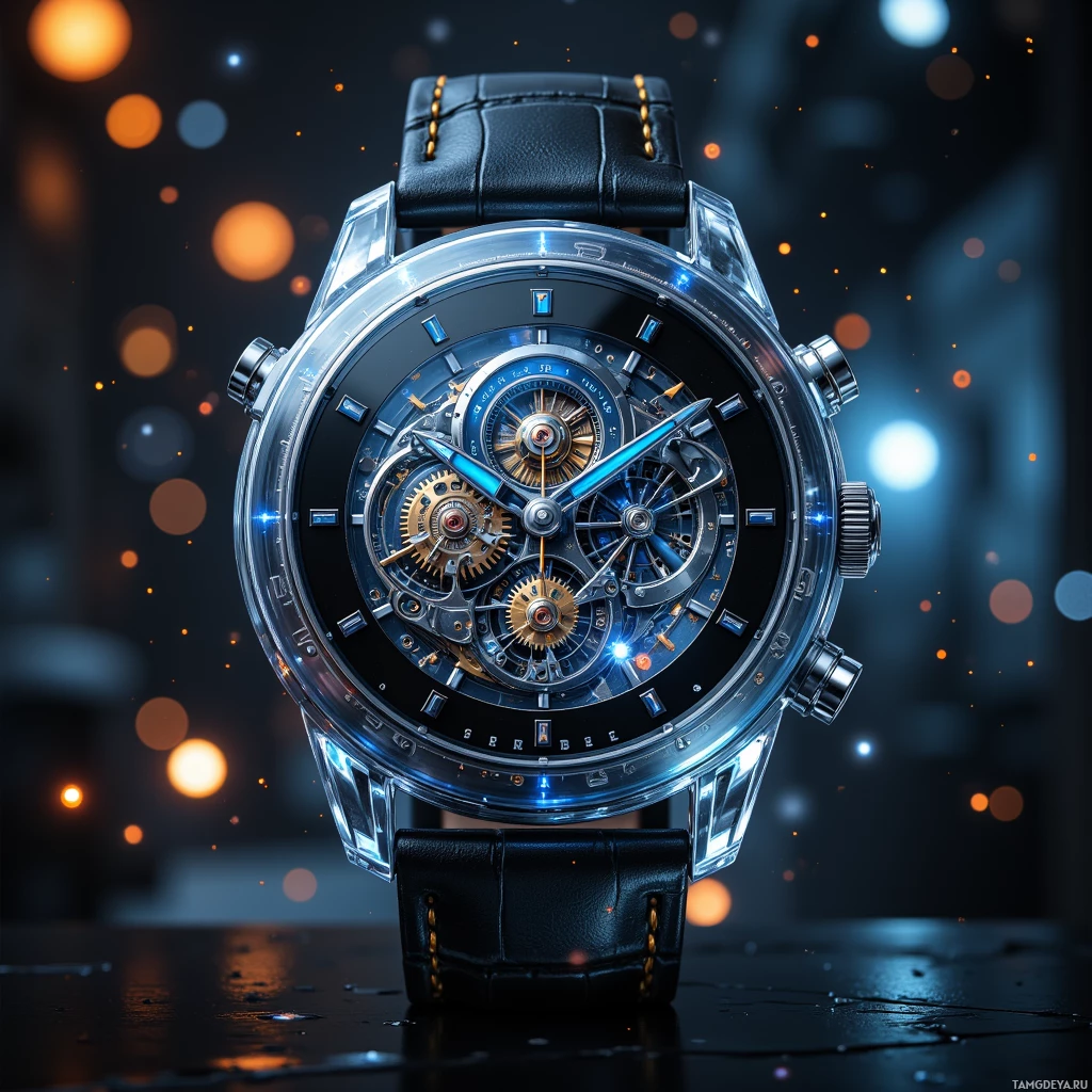 A luxurious watch with a transparent face and intricate mechanical gears is displayed against a bokeh background.