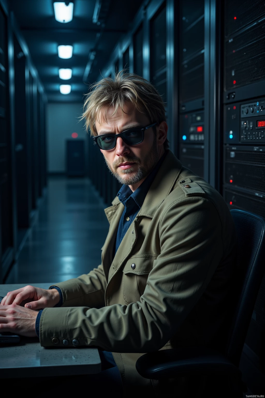 A man in sunglasses and a jacket sits at a desk in a dimly lit server room.