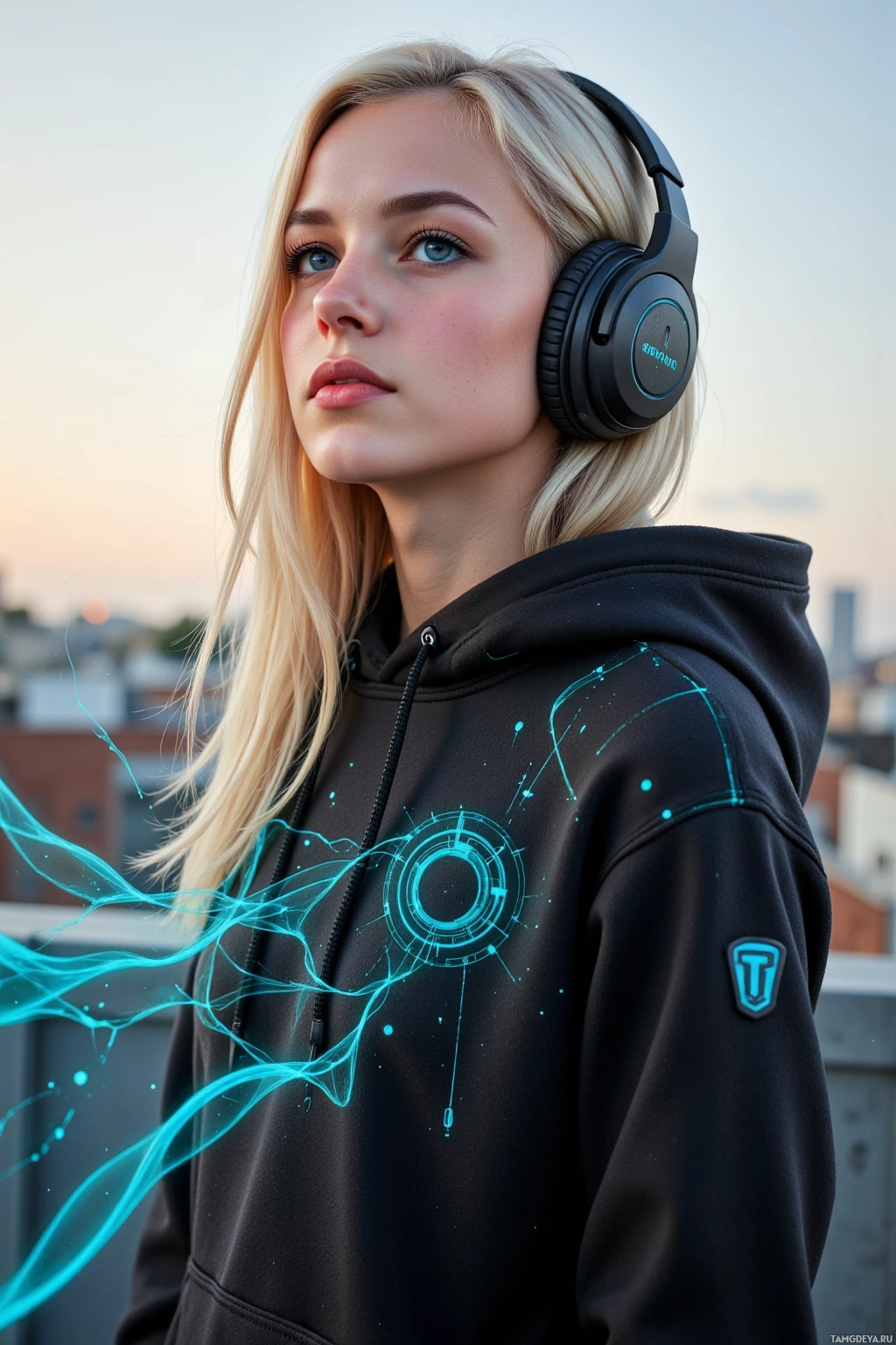 A person wearing a black hoodie with a futuristic design and headphones stands outdoors.