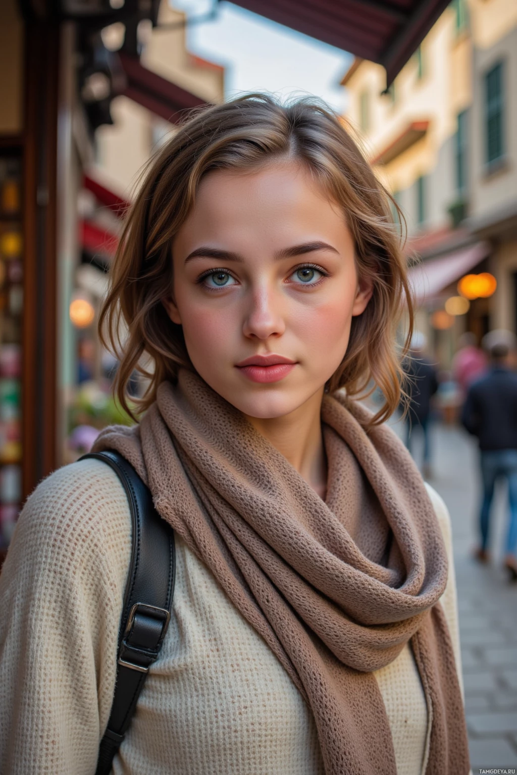 A person wearing a beige sweater and a brown scarf stands on a street with buildings in the background.
