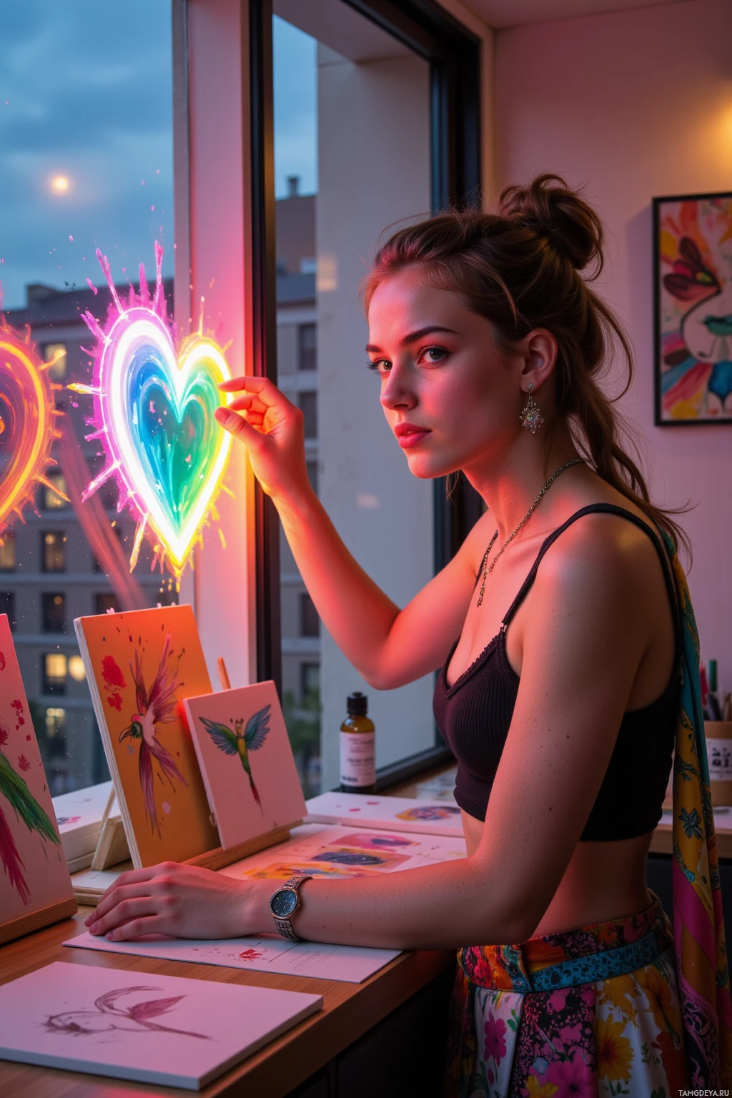 A woman stands by a window, creating colorful heart shapes with paint splashes on a canvas.