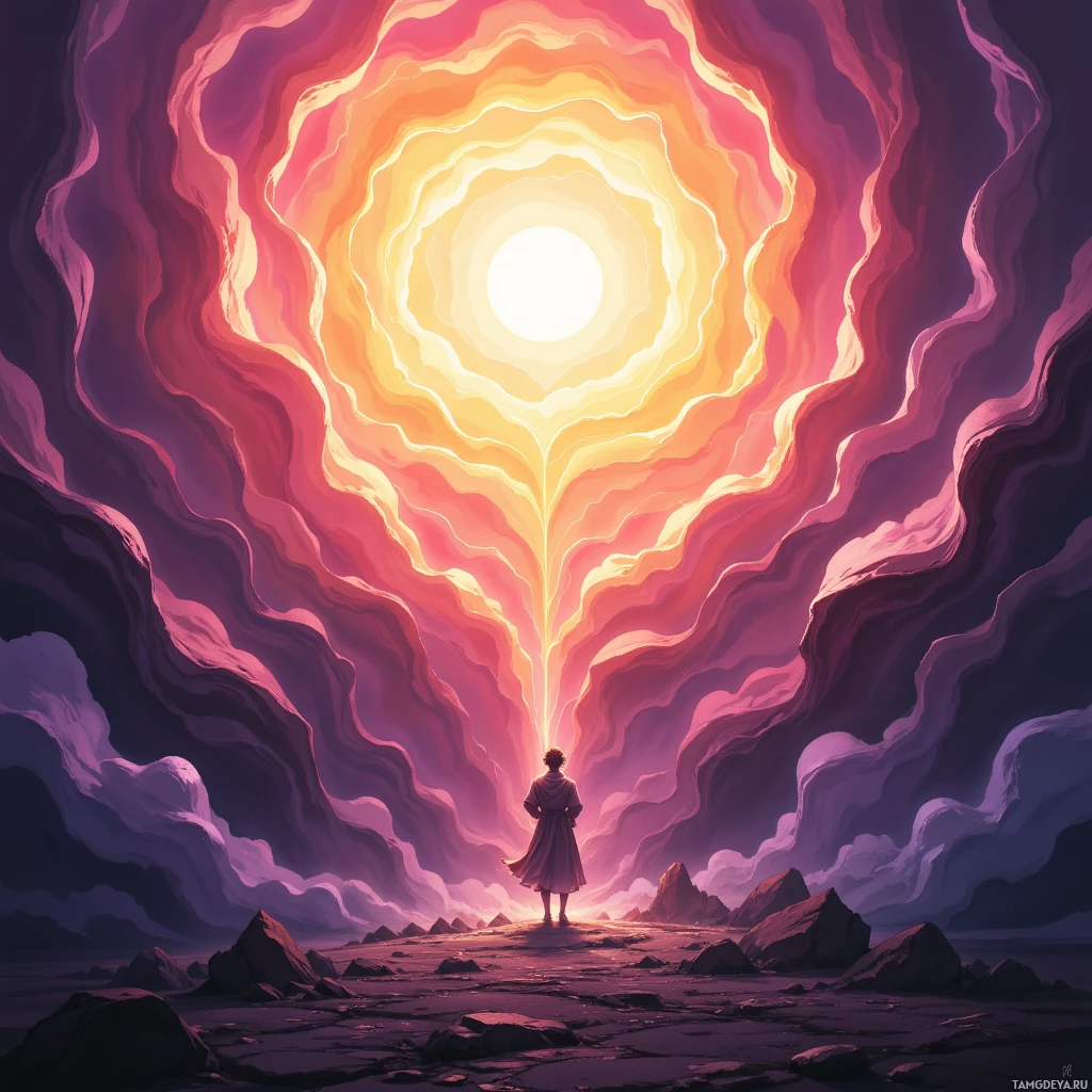 A solitary figure stands before a radiant, swirling portal of light in a surreal landscape.