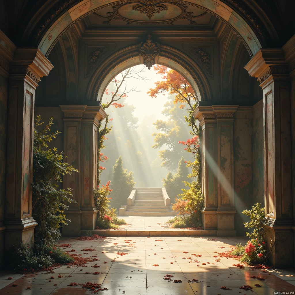 A sunlit archway leads to a garden with steps and autumn foliage.