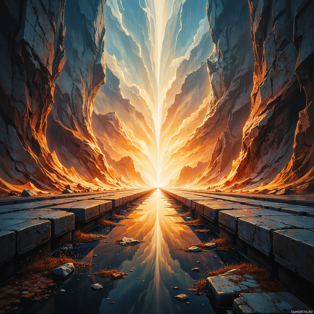 A narrow pathway leads through a dramatic canyon towards a bright light at the end.