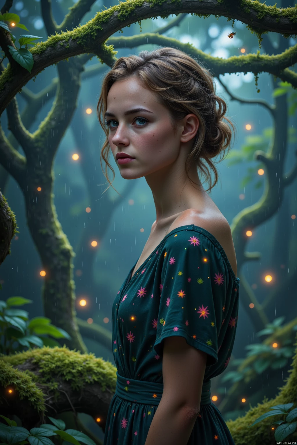 A woman in a green floral dress stands amidst a misty forest with glowing lights and moss-covered branches.