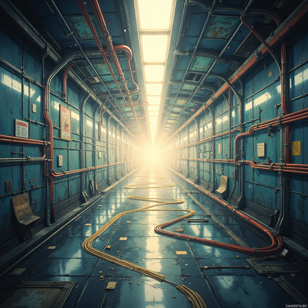 A long, narrow corridor with blue walls, red pipes, and a bright light at the end.