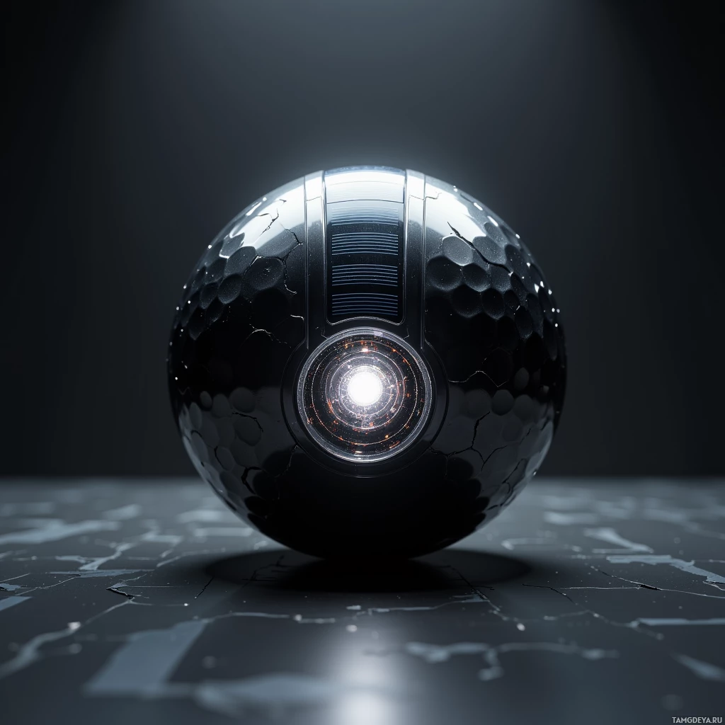 A glossy, black, spherical object with a glowing center and intricate patterns.