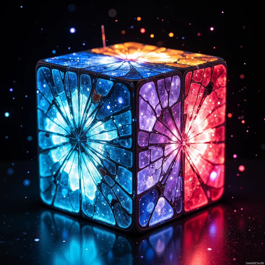 A glowing, multi-colored cube with a starburst pattern and sparkling particles.