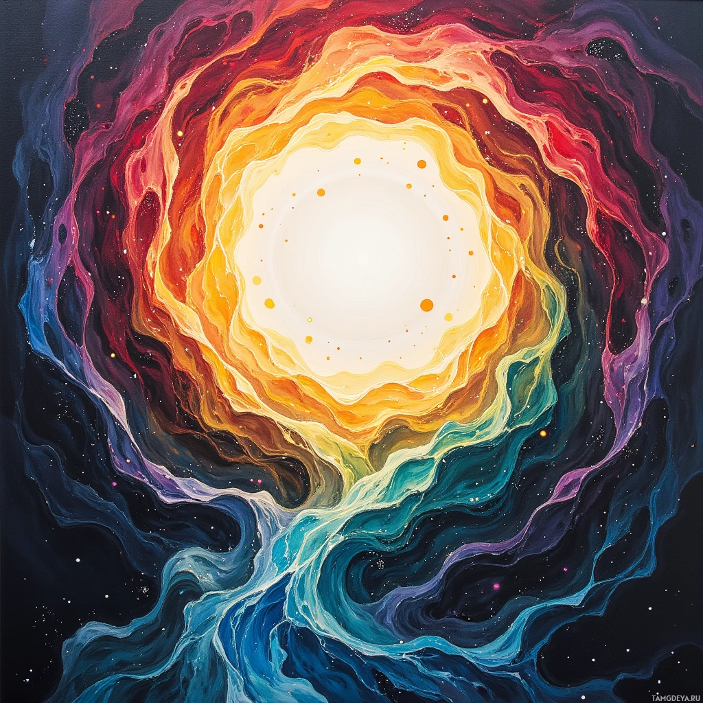 A vibrant cosmic swirl with concentric rings of red, orange, yellow, green, and blue against a dark background.