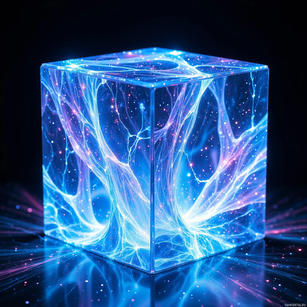 Semi-abstract image with many light, that is suitable for the post:  Translucent glass cube with an intricately swirling holographic lattice on its surface, pulsing neon blue and glitchy synth colors that shift dynamically, reflecting light in iridescent patterns.