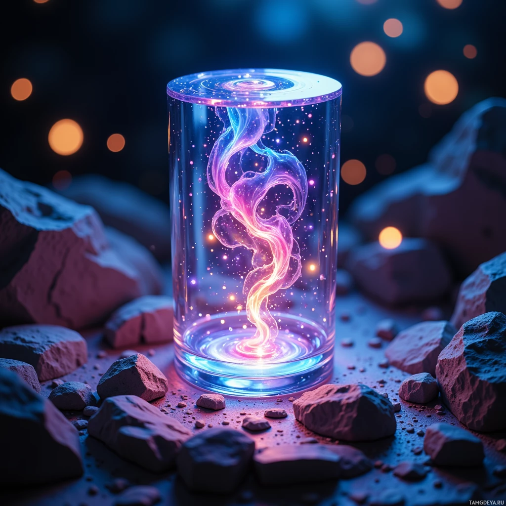 A glowing, colorful, swirling energy formation inside a glass cylinder surrounded by rocks.
