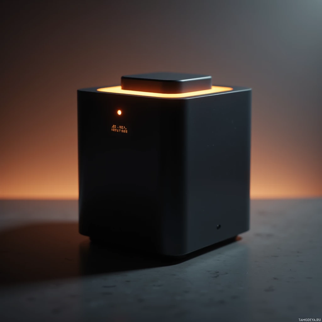 Semi-abstract image with many light, that is suitable for the post:  A small matte black cube with a faint amber glow, a sensor lid, and a tiny LED ring that flickers rhythmically, featuring smooth edges and a minimalist, futuristic design.