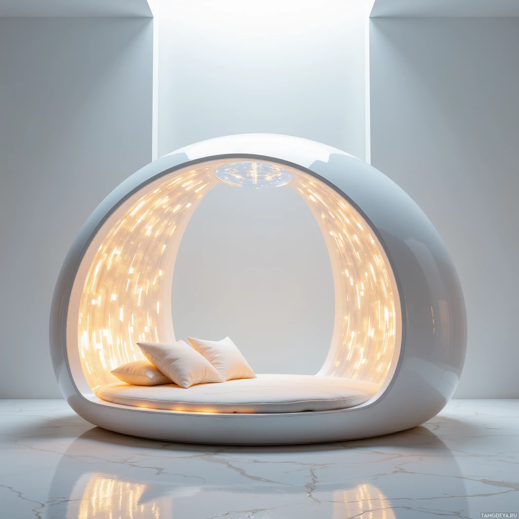 Semi-abstract image with many light, that is suitable for the post:  portable acoustic dome made of lightweight polycarbonate with a subtle gradient, glass‑bubble shape, inner soft lattice of micro‑hollow panels, a sleek touch panel on the exterior, minimalist and reflective design.