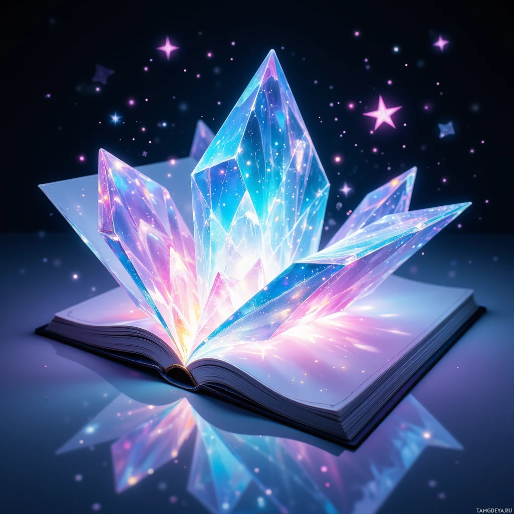 An open book with a glowing, crystal-like structure emerging from its pages, set against a starry night sky.