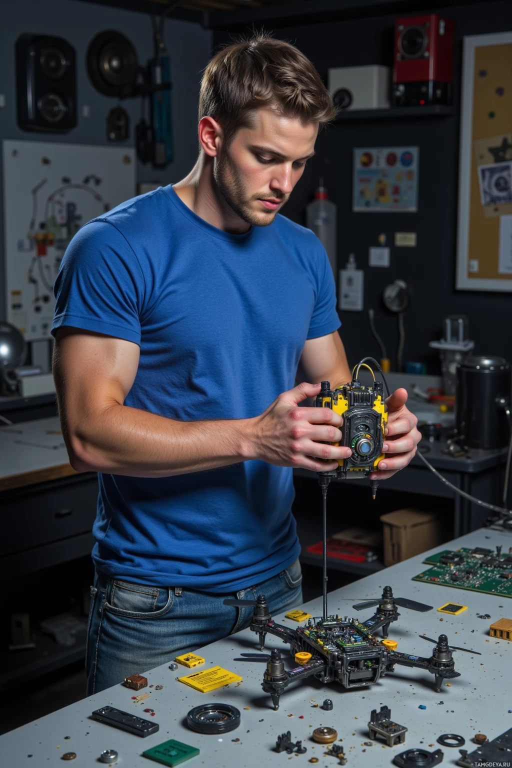 Realistic high quality photo. Male, 25, short brown hair, bright blue eyes, fit build, wearing a blue t-shirt and jeans, standing at a cluttered workbench in a dimly lit sci‑fi workshop, tightening power rails on a micro‑drone frame, surrounded by scattered PCB scraps, holding a photon charger with a focused, determined expression.
