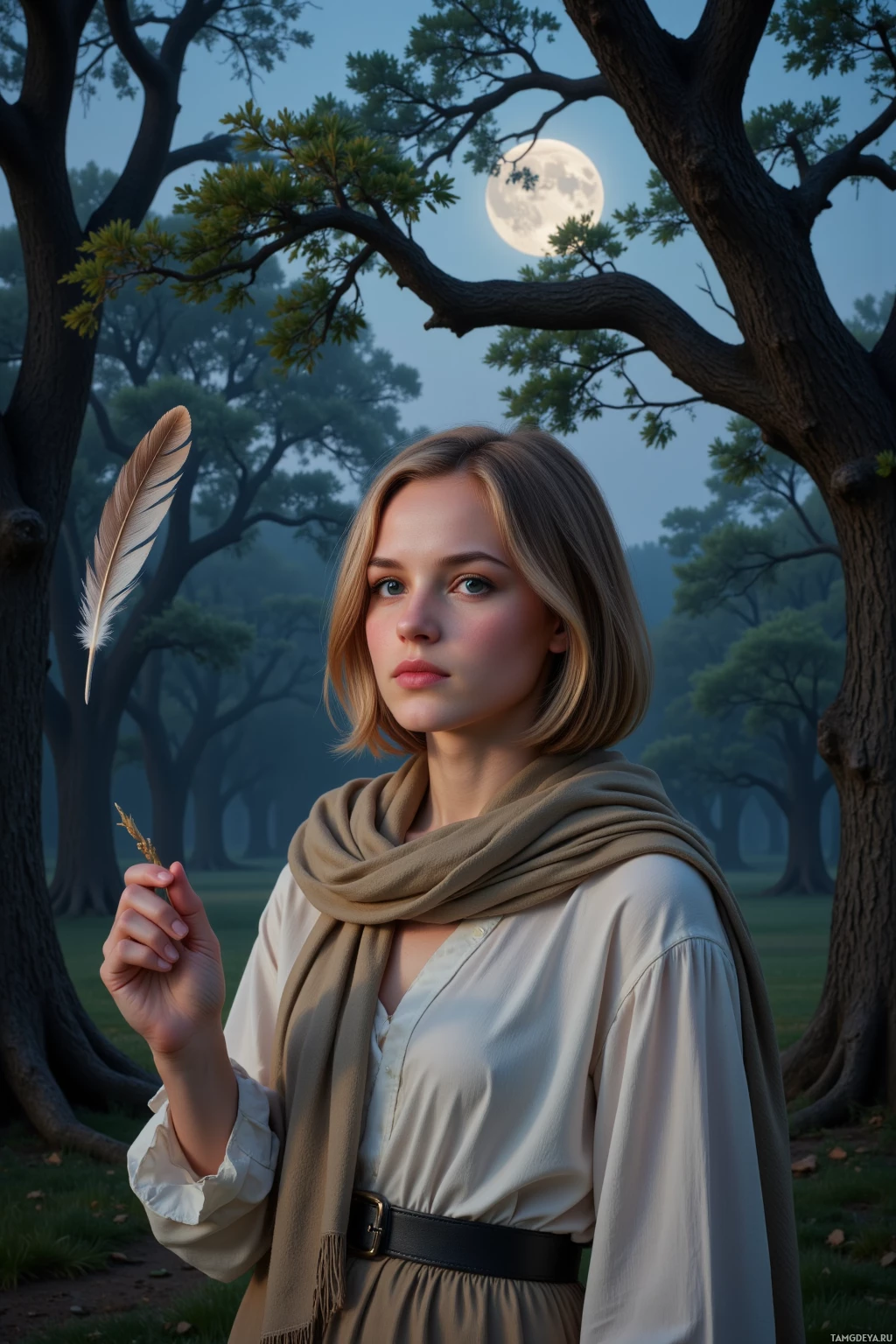 A person stands in a forest under a full moon, holding a feather and wearing a beige scarf and dress.