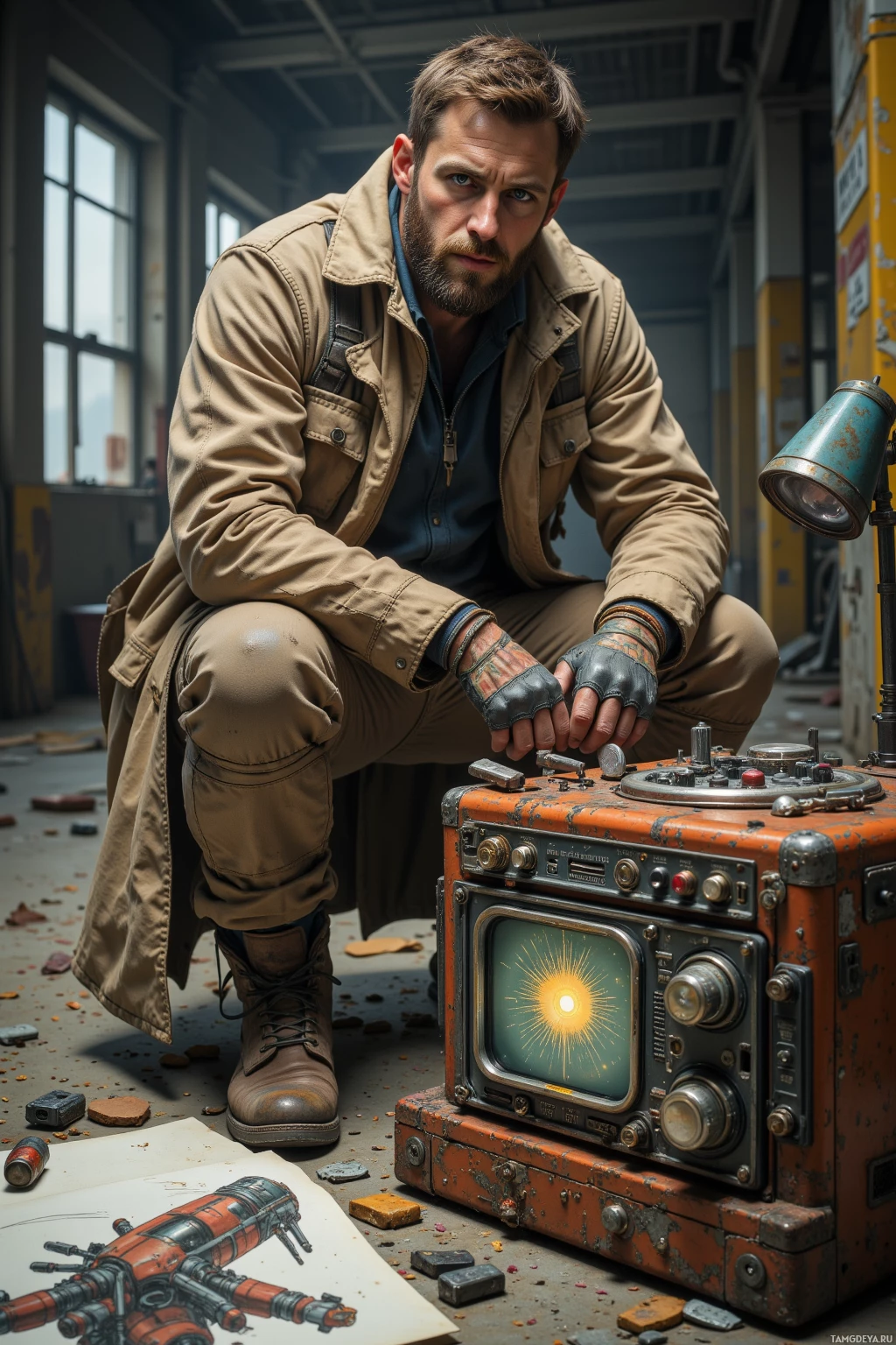 A man in a rugged outfit kneels beside an old, rusted television displaying a bright light.