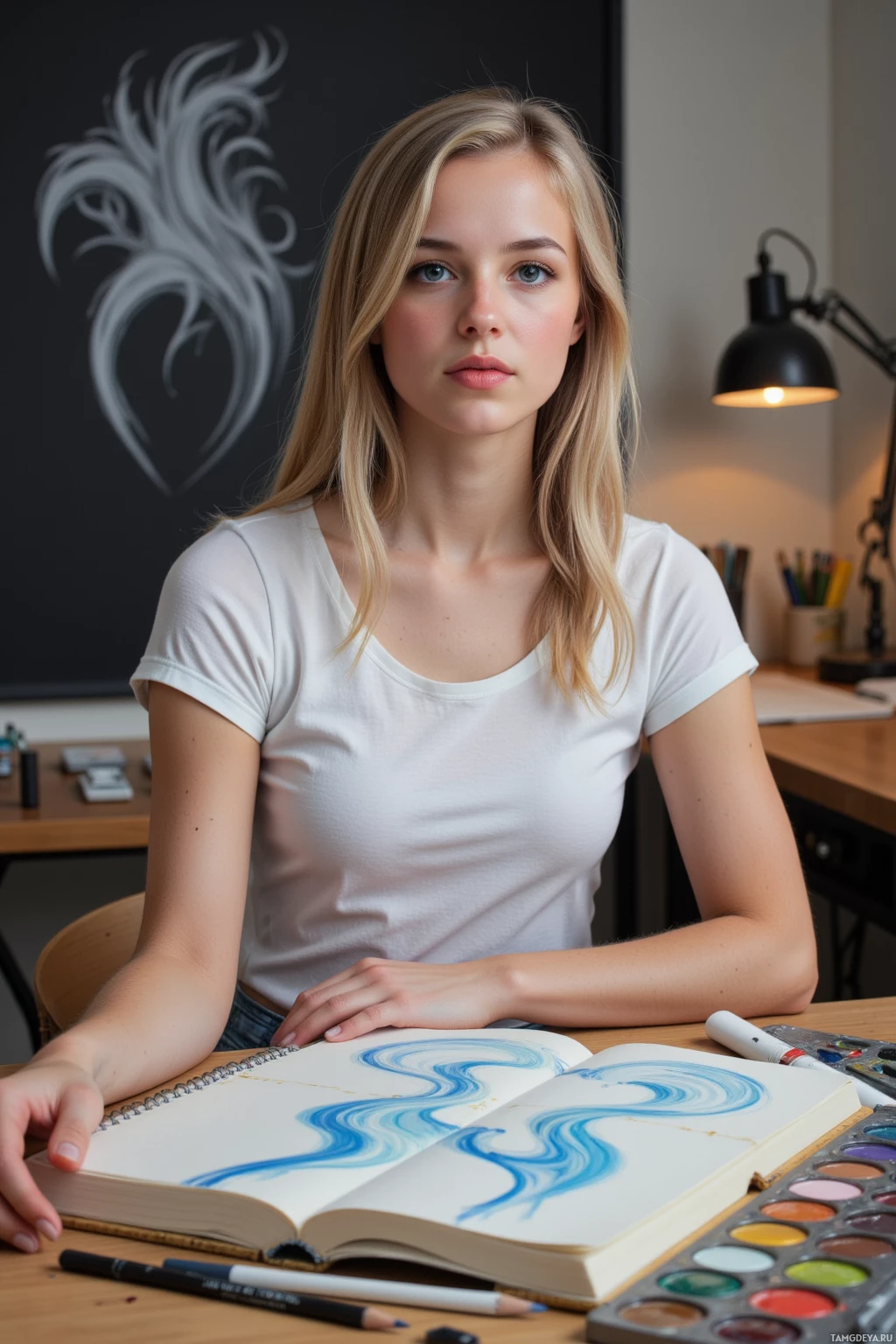 A person sits at a desk with an open sketchbook, surrounded by art supplies.