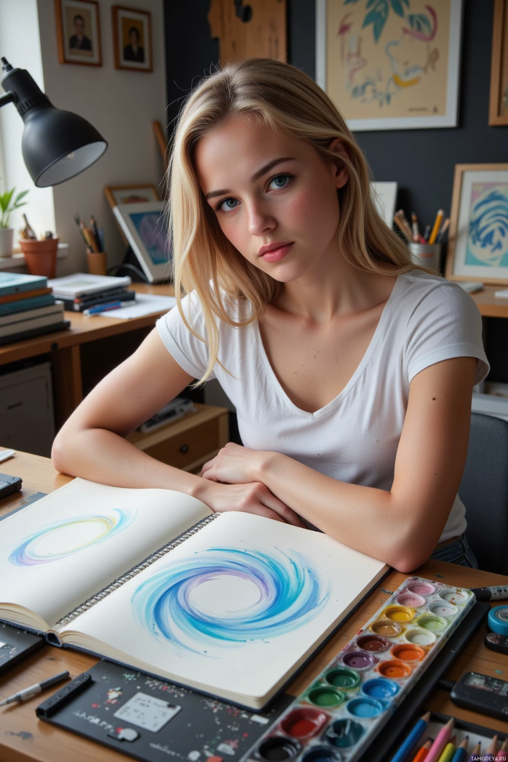 A person sits at a desk with an open sketchbook, surrounded by art supplies and a lamp.