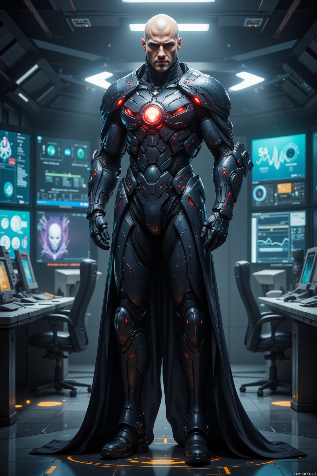 A futuristic armored figure stands in a high-tech control room.