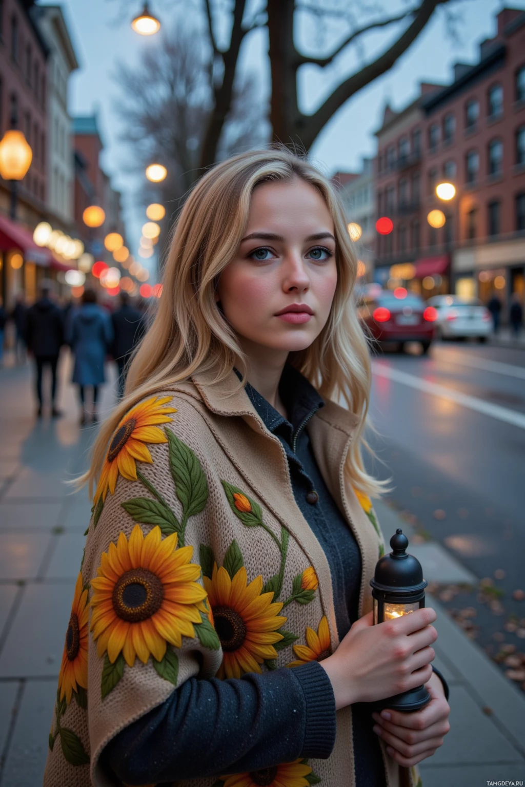 A person stands on a city street at dusk, wearing a coat adorned with sunflower embroidery and holding a lantern.