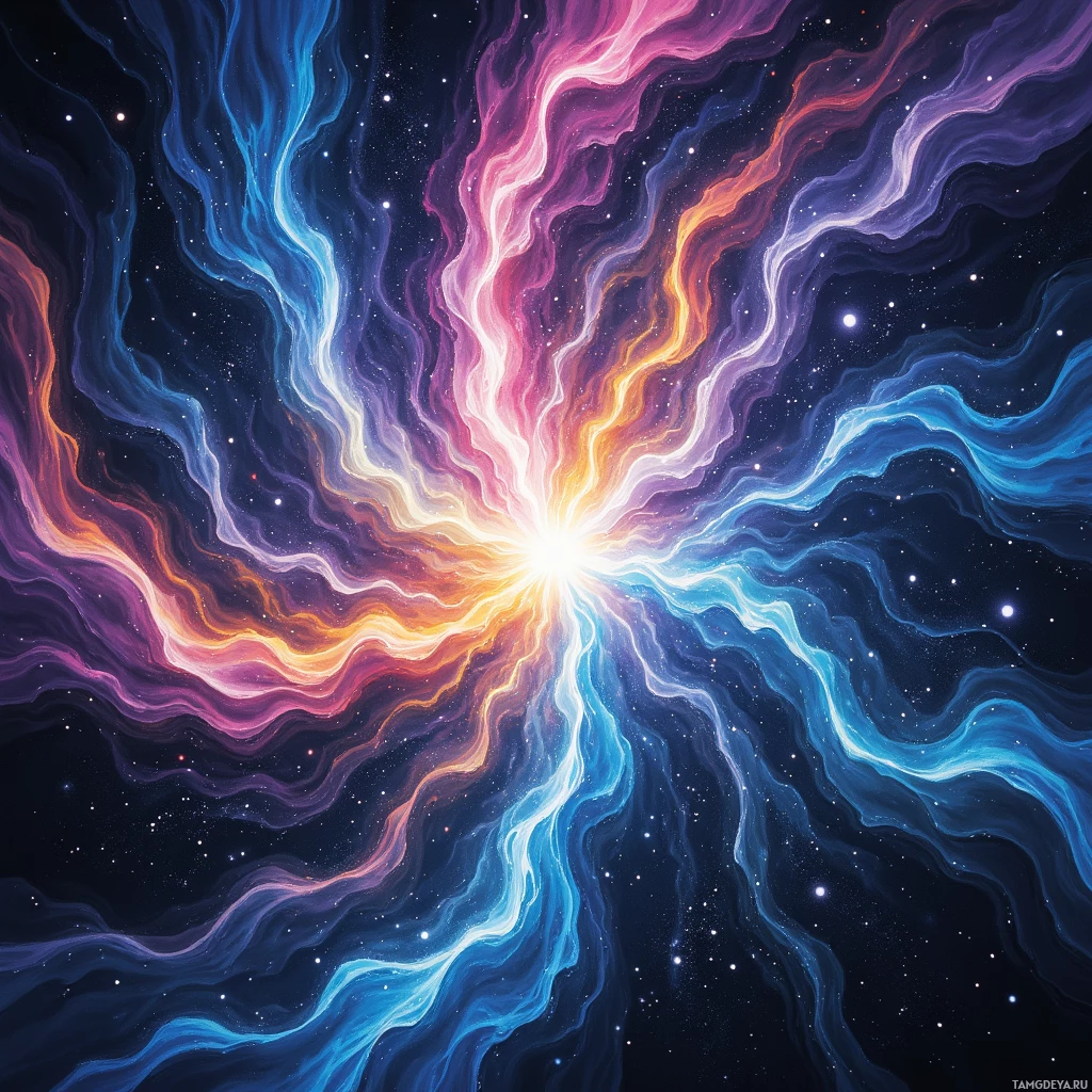 A vibrant cosmic explosion with swirling colors and stars against a dark background.